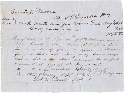 Manuscript bill for hire of slave girl Wilcox County, Alabama, 1852