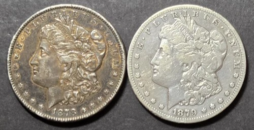 1878-CC (EF) & 1879-CC (VG-F) Morgan Dollars, rim nicks