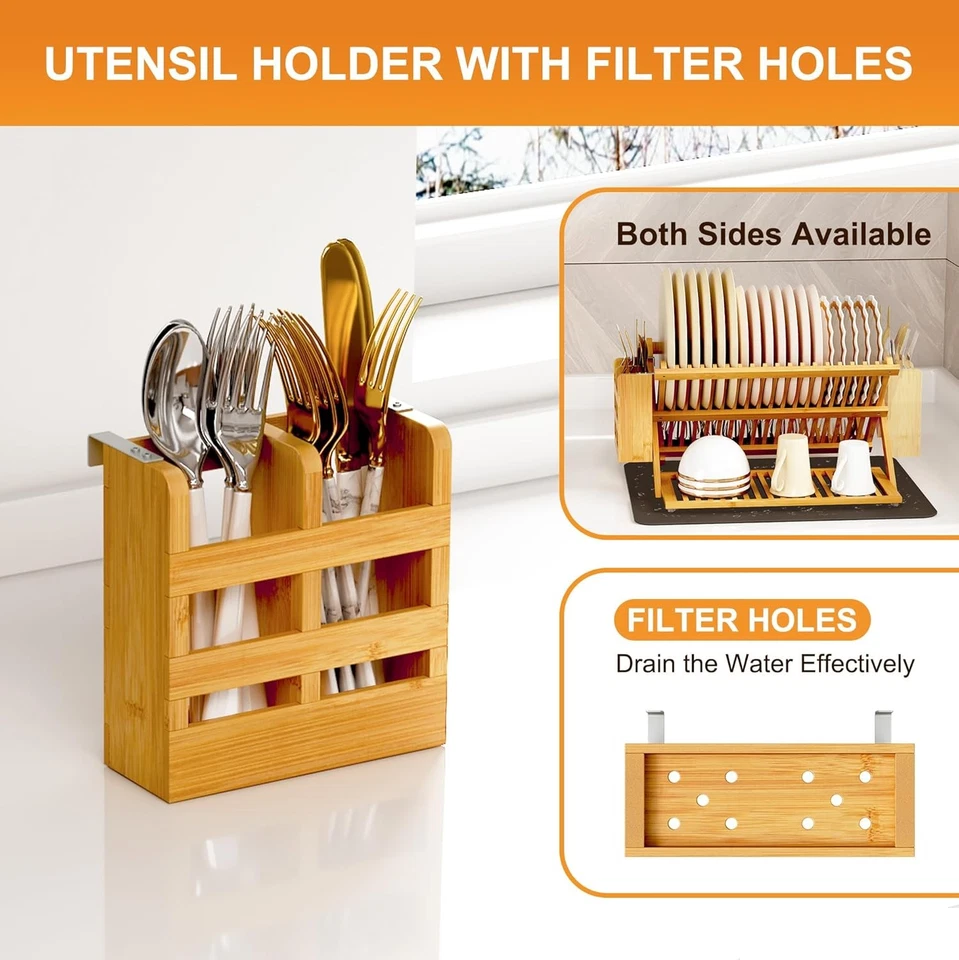  Estante de secado de platos de bambú con soporte para utensilios, estante para platos plegable de 3 niveles, Foto 3 de 4