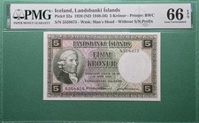 1928 (1948-56) ICELAND 5 KRONUR P# 32a PMG 66 EPQ GEM UNC