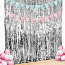 2 Pack Foil Curtain Backdrops, Silver Tinsel Foil Fringe Curtains with 36PCS Tri