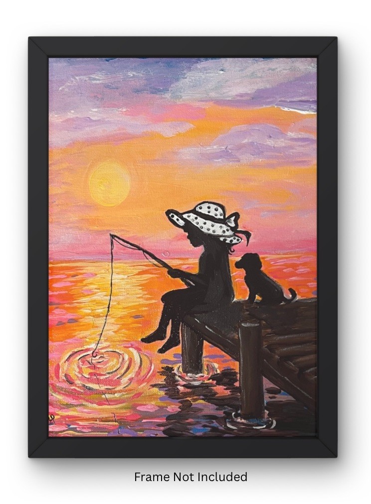 Girl Fishing Dock Lake Dog Original Impressionist Art Acrylic 9x12” Canvas Panel