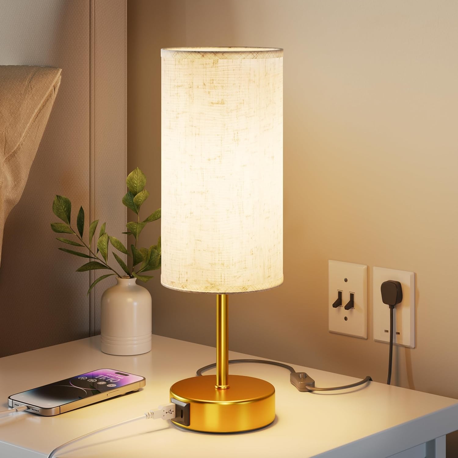 UPXNBOR Gold Table Lamp with USB A+C Charging Ports, Dimmable Reading Light, Lin