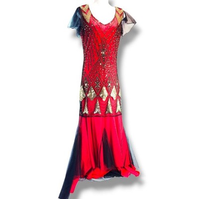 Great Gatsby '20's Flapper Gold Sequin Red Maxi Dress Gown Size M Black  Organza | eBay