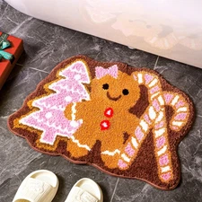 Christmas Gingerbread Man Bathroom Rug Cute Xmas Candy Cane Christmas Tree Do...