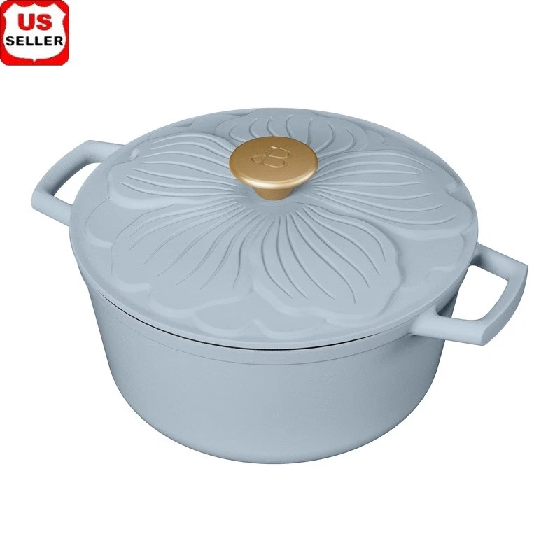 Enameled Cast Iron Dutch Oven 4Qt Round Petal Lid Heat Retention Oven Safe New