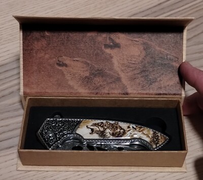 Fancy Gift Boxed Knife Wolf Themed Spring Assisted with Belt/ Pocket Clip 