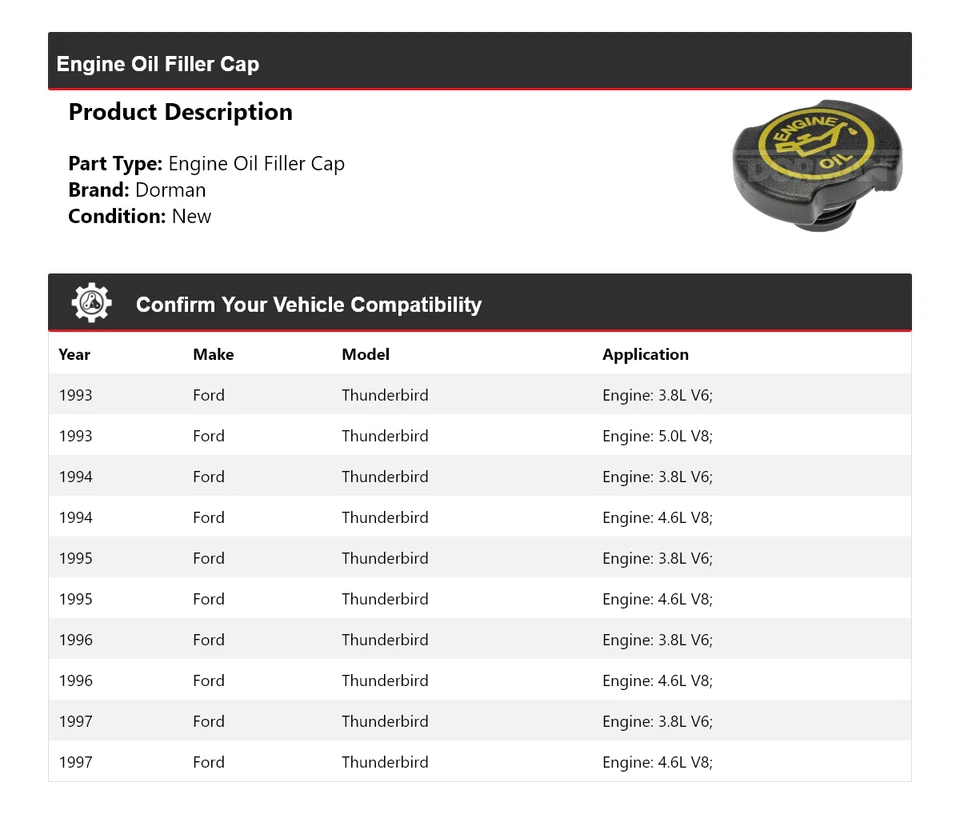 Tapa de llenado de aceite de motor Ford Thunderbird Dorman 1993-1997 1994 1995 1996 Foto 2 de 3