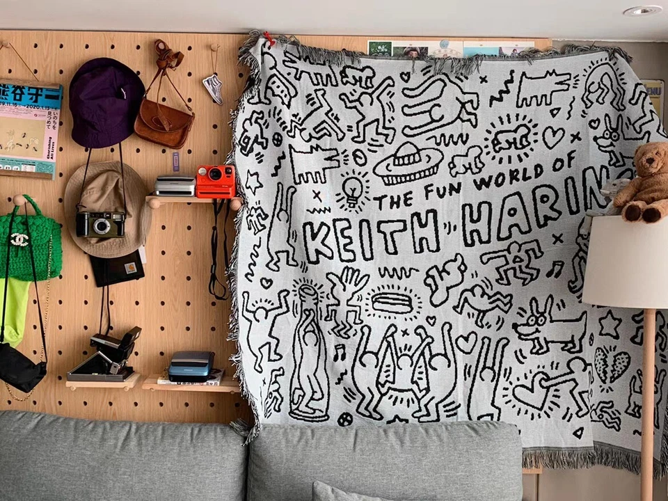 Keith Harring Graffiti Black and White Woven Tapestry Blanket Throws LGBTQ Decor - Image 3 of 4