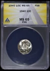 1940 10c Silver Mercury Dime ANACS MS 65 FSB | Uncirculated BU Full Split Bands