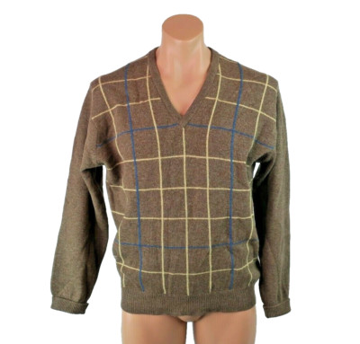 Pringle VTG 80s Argyle V-neck Sweater 100% Lambs Wool Sz 42 Made In Scotland