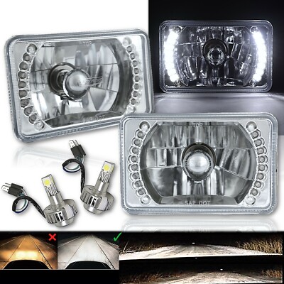 4X6'' White Halo DRL Headlight Headlamp w/ 6K LED Light Bulbs Crystal Clear Pair