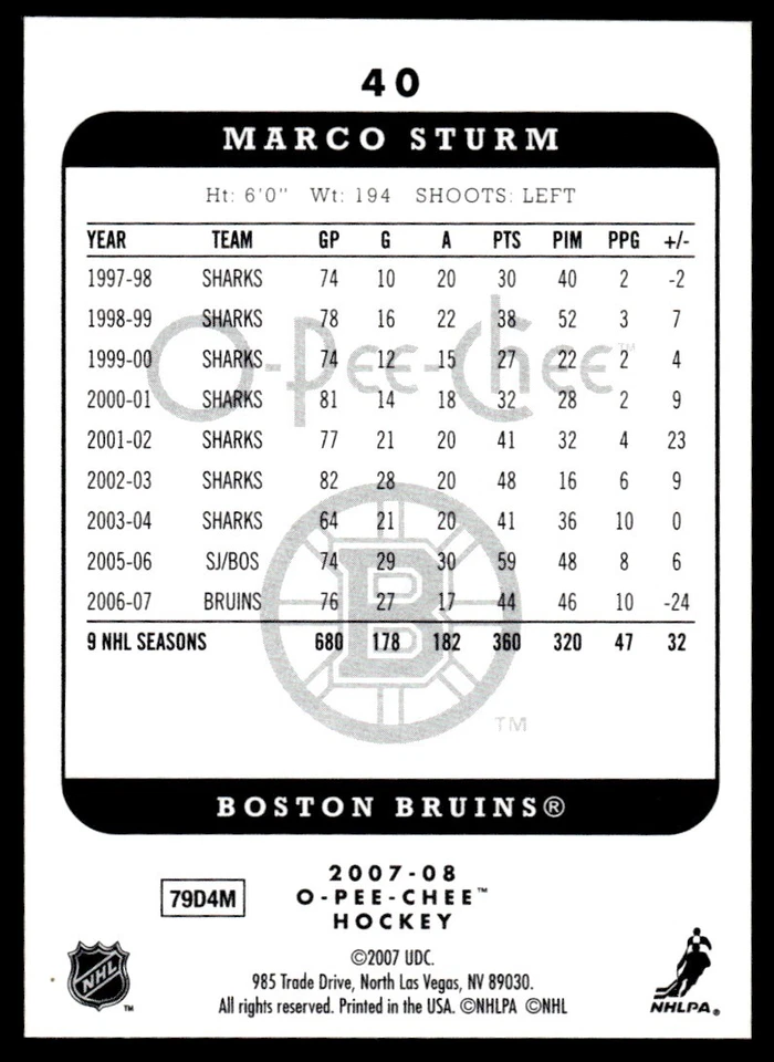 2007-08 O-Pee-Chee Micromotion Marco Sturm Boston Bruins #40 - Image 2 of 2