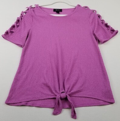 BCX Blouse Women s Medium Pink Criss Cross Lattice Short Sleeve Crewneck Stretch