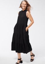 Chicos NWT $159 Midi Dress Tiered Ponte Solid Black All Occasions/ Seasons Sz 12