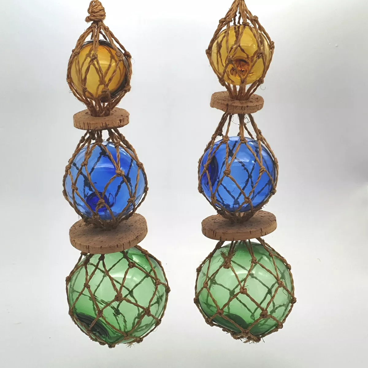 Vintage JAPANESE Glass Fishing Floats In Nets Hand Blown Nautical Interior  X2