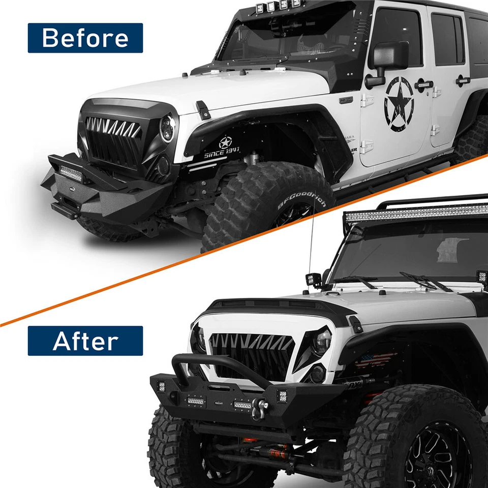 Black Hood Protector Stone Guard w/ Amber LED Light fit Jeep Wrangler JK 07-18 - Image 3 of 4