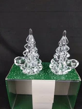 Williams Sonoma Clear Glass Christmas Tree Taper Candle Holder Set New