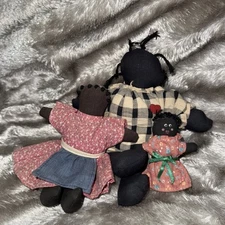 African American Cloth Rag Dolls Set Of 3 Vintage Handmade Folk Art 