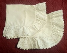 Set of 2 Two Vintage White Cotton Pillow Shams w/ Eyelet Lace Embroidered Ruffle