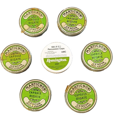 7 Empty Tins Brass Primer Remington FC + 6 Martignoni Percussion Cap Containers