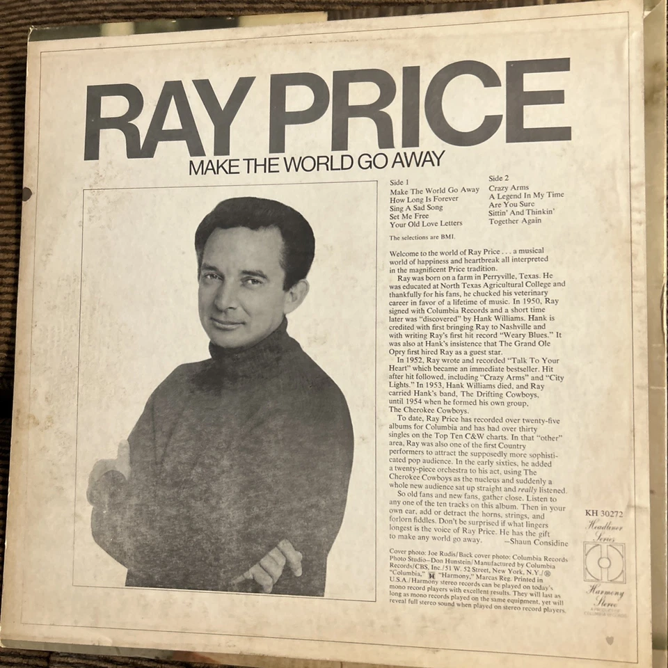 Ray Price Make The World Go Away LP Vinyl Original 1970 KH 30272 Country - Image 2 of 3