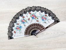 Spanish Abanico Folding Hand Fan Black Lace Floral Gold Filigree Wood