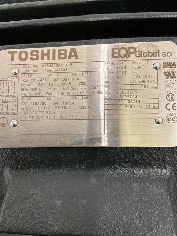 Toshiba 0154SDSR41A-P 15 HP Industrial Motor 230/460 V 254T NEW - Image 4 of 4