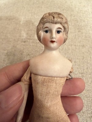 Antique German Bisque Dollhouse Doll Lady Bun Hairstyle Cloth Body 6.5 