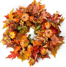 Elegant 22-Inch Fall Wreath with Pumpkins Maple Leaves for Door Decor