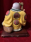 Vintage Chinese HAPPY LAUGHING BUDDHA on A Wooden Base Yellow Robe 13” tall — photo 3