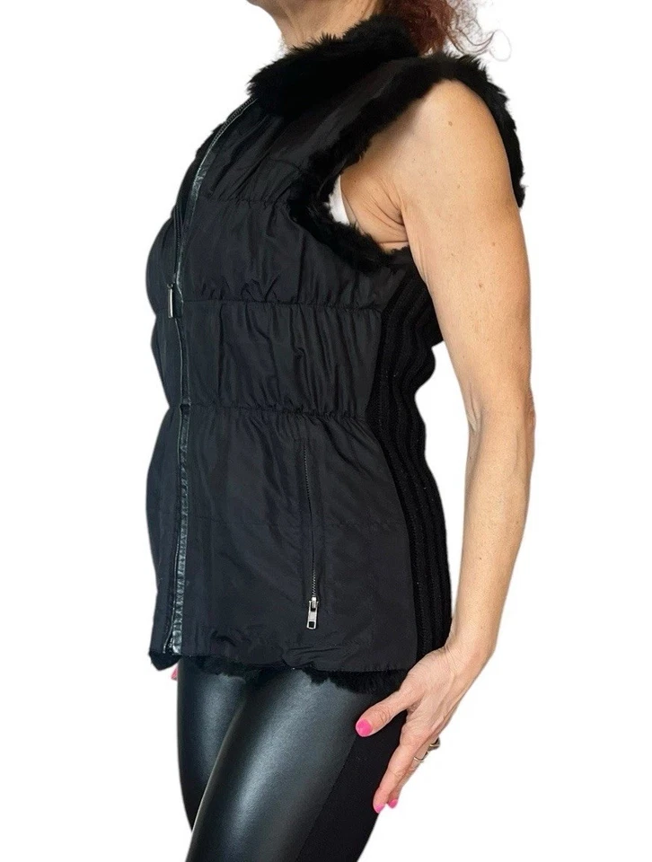 Linda Richards Luxury XS Ruched Silk Black Knit  Rabbit Fur Reversible Vest - Image 4 of 4