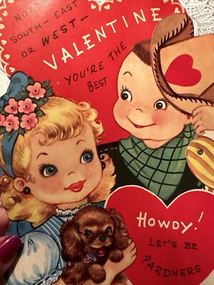Vtg Valentines Day Card JUMBO Mechanical Boy Girl Cowboy Peekaboo Howdy Partner