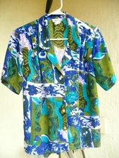 VTG 80S IMPRESSIONS CALIFORNIA M L BLUE GREEN FLORAL USA MADE SILKY BLOUSE WOMEN