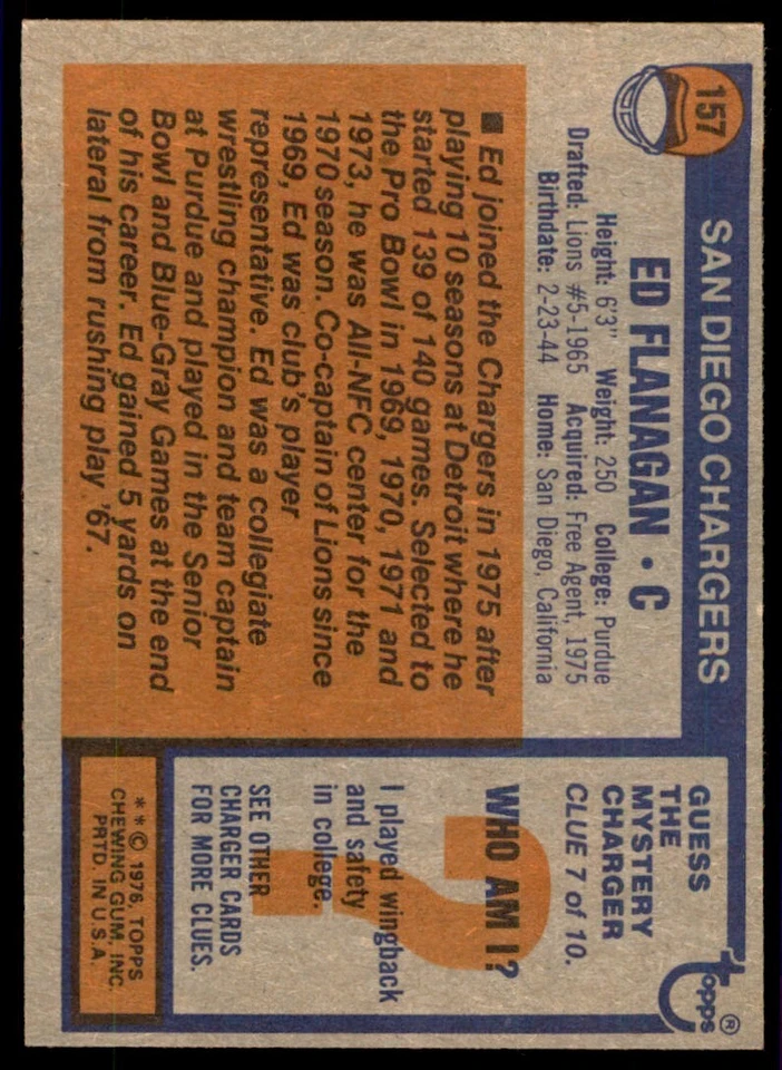 1976 Topps Ed Flanagan Football Card San Diego Chargers #157 - Image 2 of 2