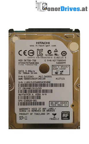 Hitachi  HTS547575A9E384- 0J15343- 750 GB - SATA - 220 0A90269 01 Rev.*