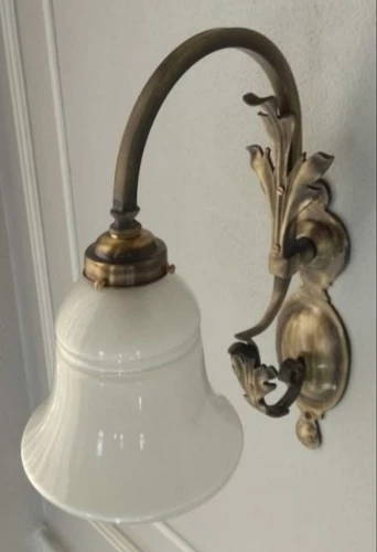 Antique Old Vintage Art Nouveau Brass & Milk Glass shade Wall Light Lamp
