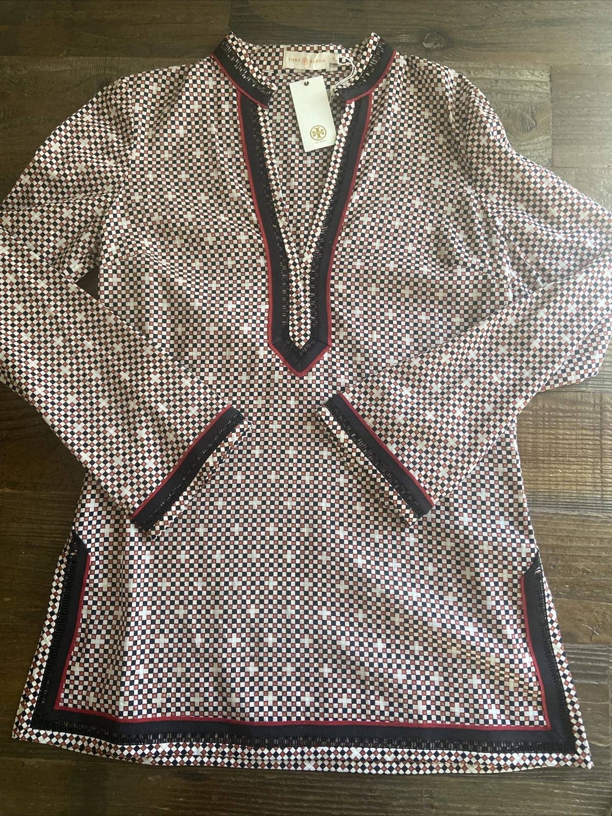 Tory Burch $295 Tory tunica manica lunga top 6 sei quadrati a pois sabbia deserto nuova con etichette