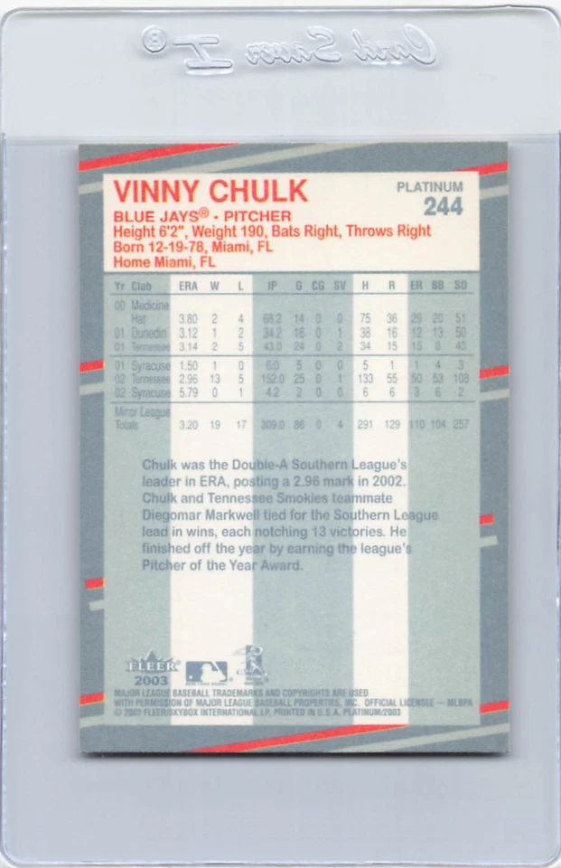 2003 Fleer Platinum #244 Vinny Chulk Blue Jays Signed Auto *H6719 - Image 2 of 2