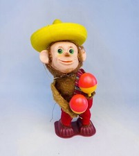 Vintage Maraca Playing Wind-Up Monkey With Yellow Sombrero RARE Hong Kong