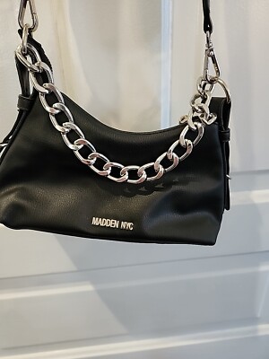 Madden NYC Hobo  Shoulder Purse Satch Black Silver CHAIN Faux Leather Cross B 