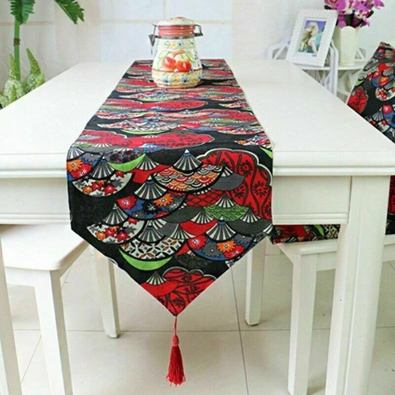 Japanese Print Table Runner Tassel Edge Desk Decoration Chinese Tablecloths EAN - Image 4 of 4