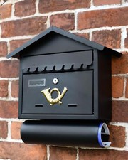 Black and Polished Brass "Horn" Wall Mounted Post Letter Box & Newspaper Holder