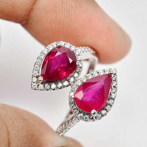 925 STERLING SILVER PIGEON BLOOD RED RUBY PEAR 10X7 MM. WHITE CZ RING SIZE 7 - Picture 7 of 10