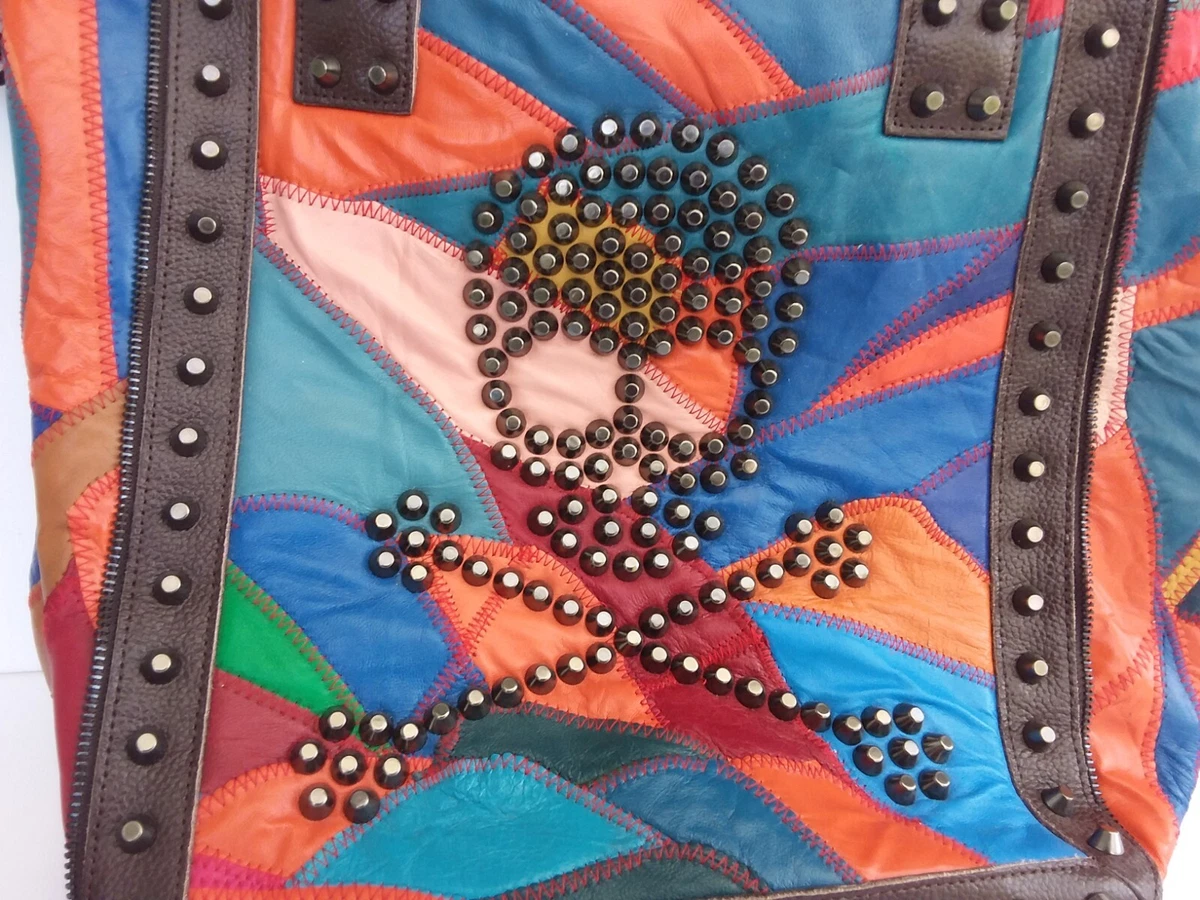 NWOT Skull studs Amerileather Leather Purse Tote Bag Patchwork rainbow Large