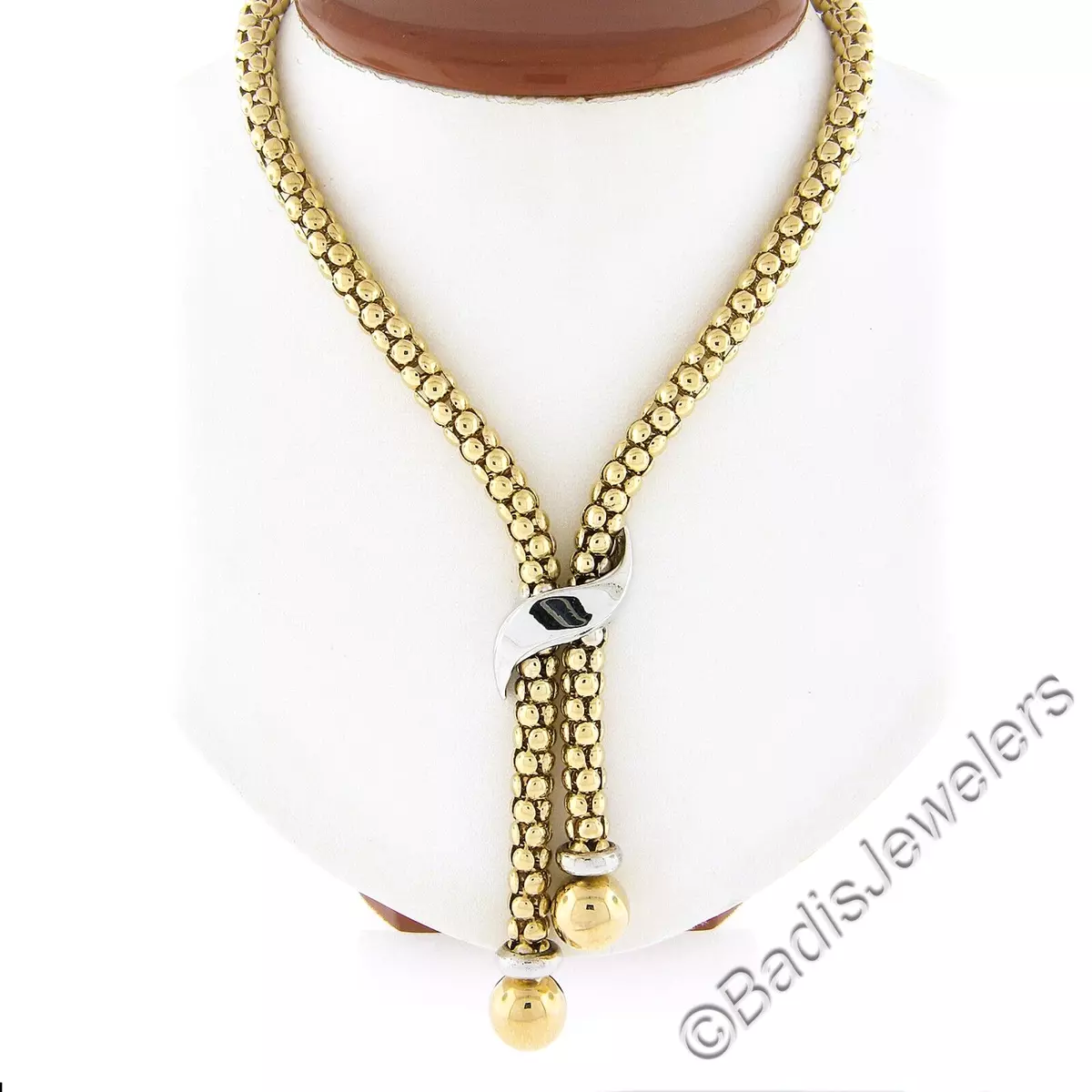 14k TT Gold Fancy Popcorn Link Chain Lariat Necklace w/ Polished Bead  Tassels