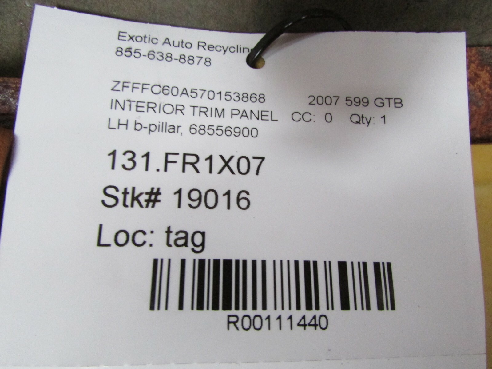 Ferrari 599 GTB, LH, Left B-Pillar Interior Trim Panel, Used, P/N 68556900