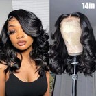 14" Bob Wigs Human Hair Natural Black Wave Lace Front Glueless Wigs for Women