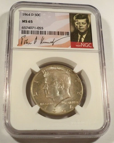 1964-D NGC MS65 SILVER KENNEDY HALF DOLLAR VERY NICE BLUE & GOLD TONE 50c MS 65