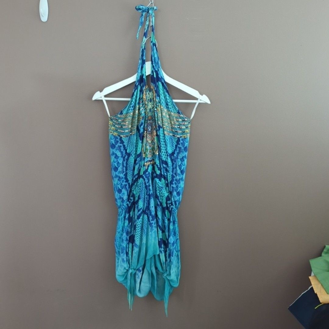 Camilla Romper Womens 14 Blue Silk Beaded Halter Animal Print Playsuit Resort
